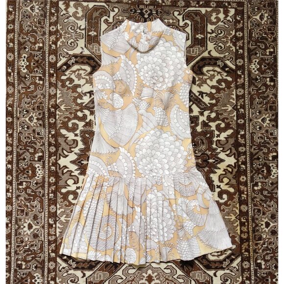 Vintage 60s Pastel Orange White Drop Waist Pleated Skirt Dress est. Medium 6 8 - Picture 3 of 5